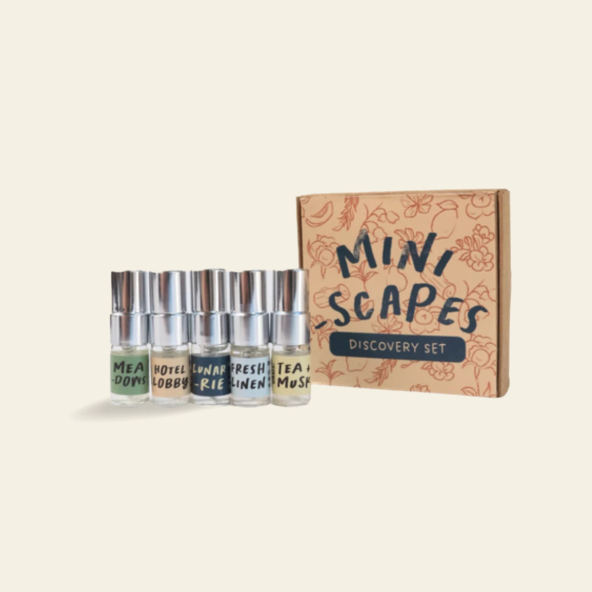 The Oasis Beauty Kitchen Miniscapes Scent Discovery Kit features five small perfumes—Meadows, Hotel Lobby, Lunerie, Fresh Linen, and Tea Mush—beside a floral box: the perfect aromatic escape for scent lovers.