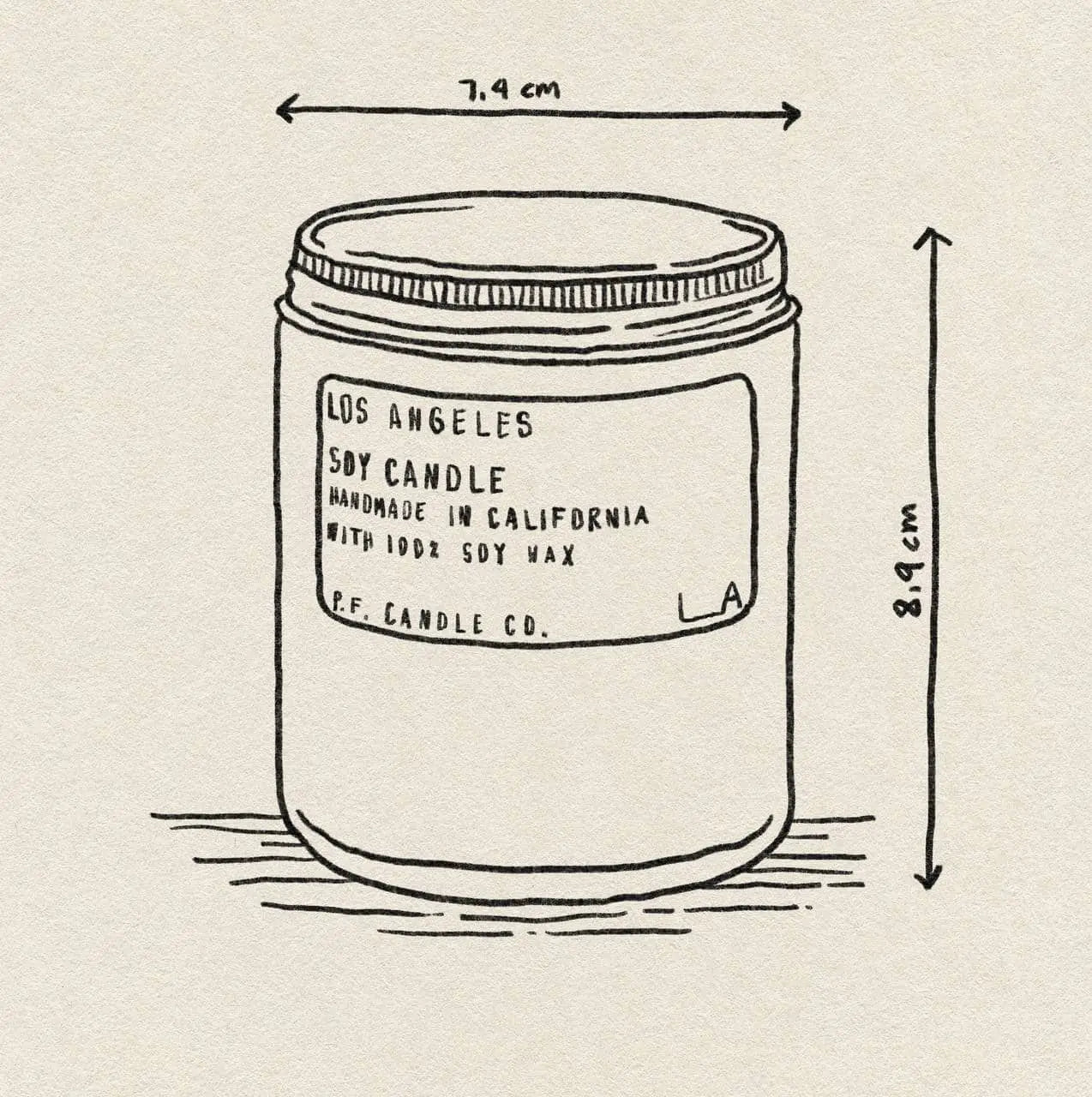 A black and white line drawing of P.F. Candle Co. Los Angeles Limited Edition 7.2 oz Soy Candle, 7.4 cm wide by 8.9 cm tall. Handmade in California with 100% soy wax, it captures the essence of California dreaming in its scent.