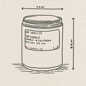 A black and white line drawing of P.F. Candle Co. Los Angeles Limited Edition 7.2 oz Soy Candle, 7.4 cm wide by 8.9 cm tall. Handmade in California with 100% soy wax, it captures the essence of California dreaming in its scent.