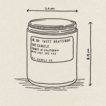 Line drawing of a P.F. Candle Co. No. 10 Sweet Grapefruit 7.2 oz Soy Candle jar labeled Poured in California with 100% soy wax, P.F. Candle Co. on a plain background; jar measures 7.4 cm wide and 8.9 cm tall.