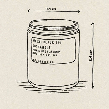 A line drawing of a soy candle jar labeled “No. 11: Amber & Moss 7.2 oz Soy Candle” by P.F. Candle Co., measuring 7.4 cm wide and 8.9 cm tall, poured in California with all-natural soy wax for a calming aroma.