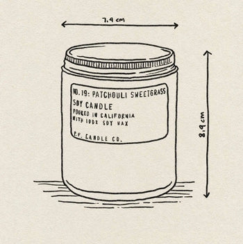 Line drawing of a P.F. Candle Co. No. 19 Patchouli Sweetgrass 7.2 oz Soy Candle jar, 7.4 cm wide and 8.9 cm tall, poured in California with clean-burning soy wax—ideal for relaxation and contemplation.