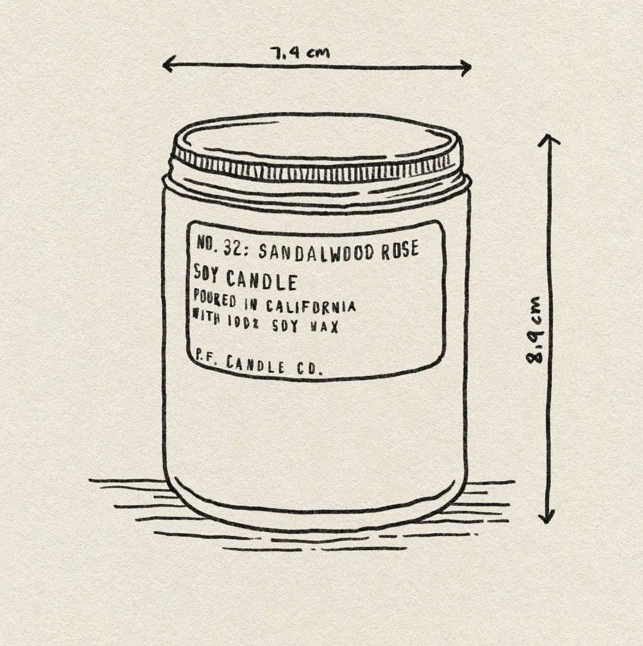 A black and white sketch of a jar candle labeled “P.F. Candle Co. No. 21 Golden Coast 7.2 oz Soy Candle” evokes subtle coastal vibes with its classic design by P.F. Candle Co.
