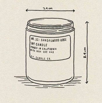 A black and white sketch of a jar candle labeled “P.F. Candle Co. No. 21 Golden Coast 7.2 oz Soy Candle” evokes subtle coastal vibes with its classic design by P.F. Candle Co.