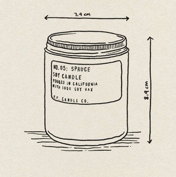 Line drawing of a P.F. Candle Co. Spruce 7.2 oz Soy Candle jar, 7.4 cm wide by 8.9 cm tall, labeled as hand-poured in California with 100% soy wax and featuring hints of cedarwood.