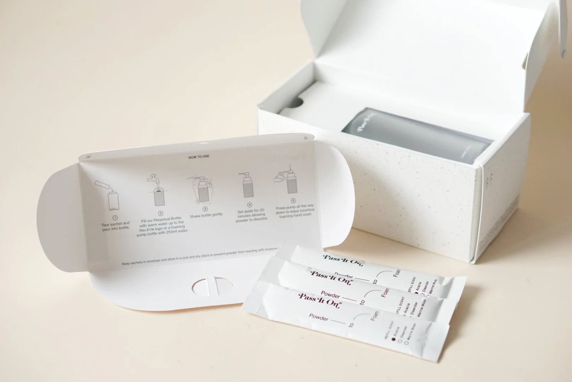 The Pass It On 0.02 Refillable Hand Wash Set, Pack of 3-Marine Moss by Pass It On is displayed with an open box, instruction card, and three soap packets on a light surface, evoking the refreshing vibe of marine moss.