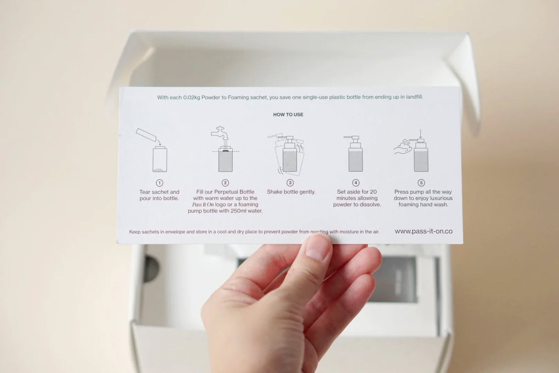 A hand holds an instruction card with step-by-step icons and text for the Pass It On 0.02 Refillable Hand Wash Set, Single Pack - Marine Moss, shown above an open box containing the sustainable solution kit from Pass It On.