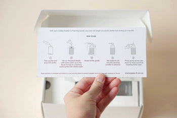 A hand holds an instruction card with step-by-step illustrations for using Pass It On’s 0.02 Refillable Hand Wash Set, Single Pack - Oleander, as a white product box appears blurred in the background.