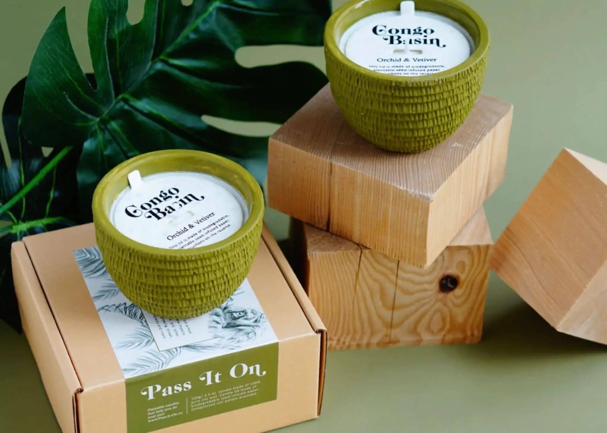 Two green textured Pass It On Congo Basin Candle containers labeled “Congo Basin Orchid & Vetiver” rest on wooden blocks and a branded box, accented with green leaves to evoke their energizing citrus fragrance.
