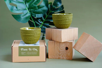 Two Pass It On Congo Basin Candles in green textured bowls sit on wooden blocks and a Pass It On box, with a large green leaf and muted green backdrop, suggesting an energizing fragrance.
