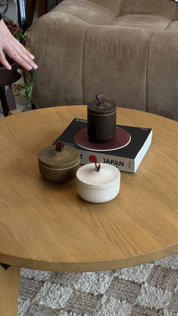 A hand reaches for two Pass It On Tagine Tall Boxes, Rice Husk—upcycled containers with leather handles—resting on a JAPAN book in a cozy, modern living room.