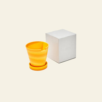 The Plastic Ark Dirty Pot, a bright yellow recycled plastic planter with a matching saucer from Plastic Ark, sits beside a plain white box on a light beige background.