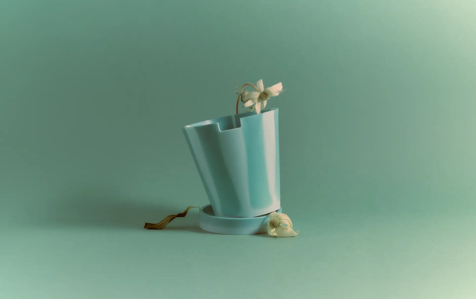 The Plastic Ark Dirty Pot by Plastic Ark is a turquoise, tilted sustainable plant pot holding a wilted white flower, with another flower beside it, all set against a matching turquoise background.