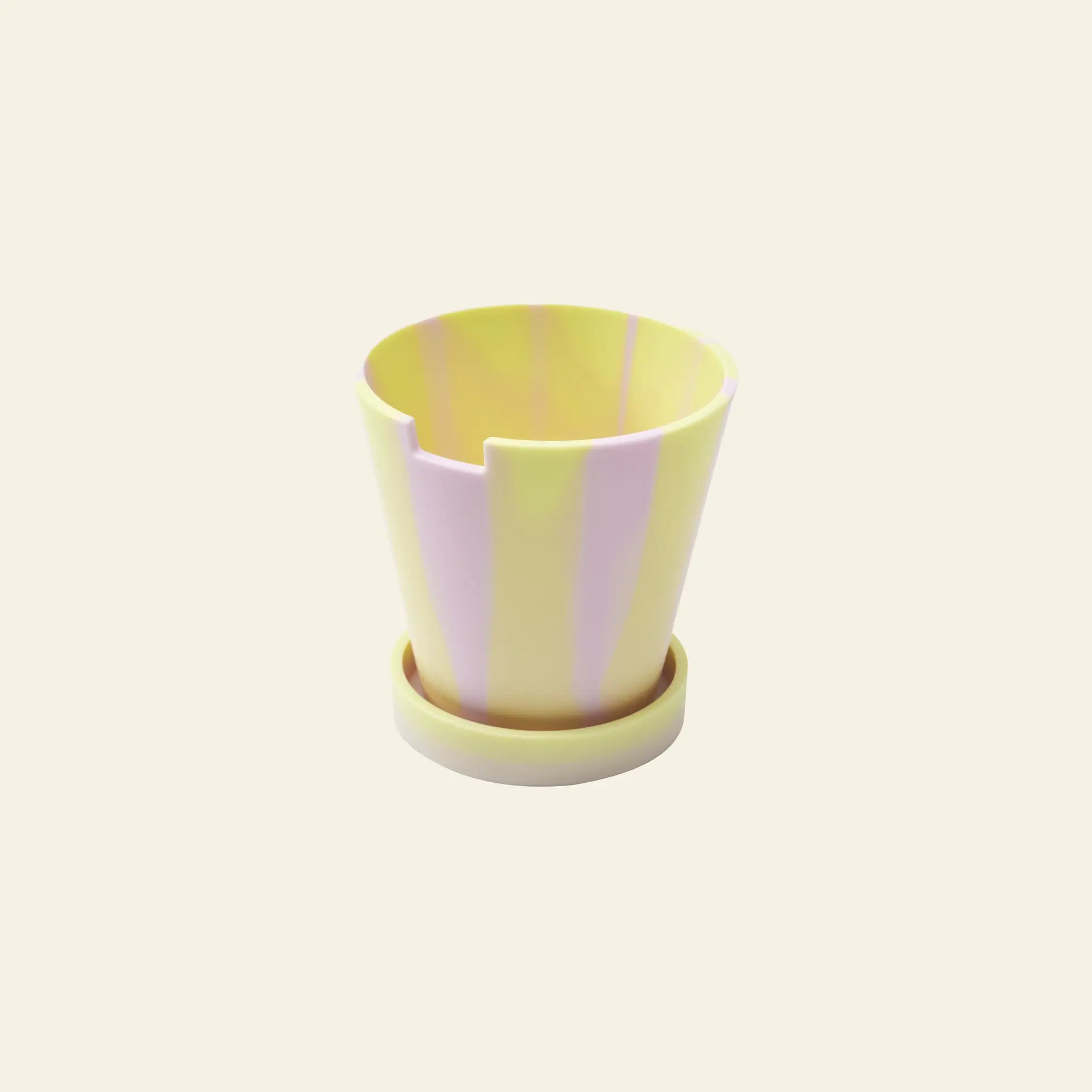 The Plastic Ark Dirty Pot by Plastic Ark is a pastel yellow and light pink striped plant pot, made from recycled plastic with a small rim notch, shown on a matching round saucer against an off-white background.