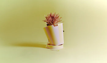 A wilted pink flower in the Plastic Ark Dirty Pot by Plastic Ark, made from recycled plastic, sits tilted against a pale yellow background with a fallen petal and leaf nearby, subtly highlighting sustainability.