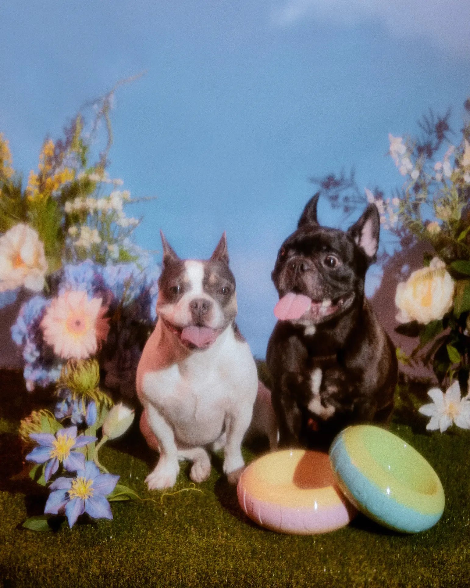 Two dogs, one white and one black, sit on grass with colorful flowers. In front are pastel Plastic Ark Fat Bowls by Plastic Ark and frisbees. Both dogs look happy with tongues out under a blue sky.