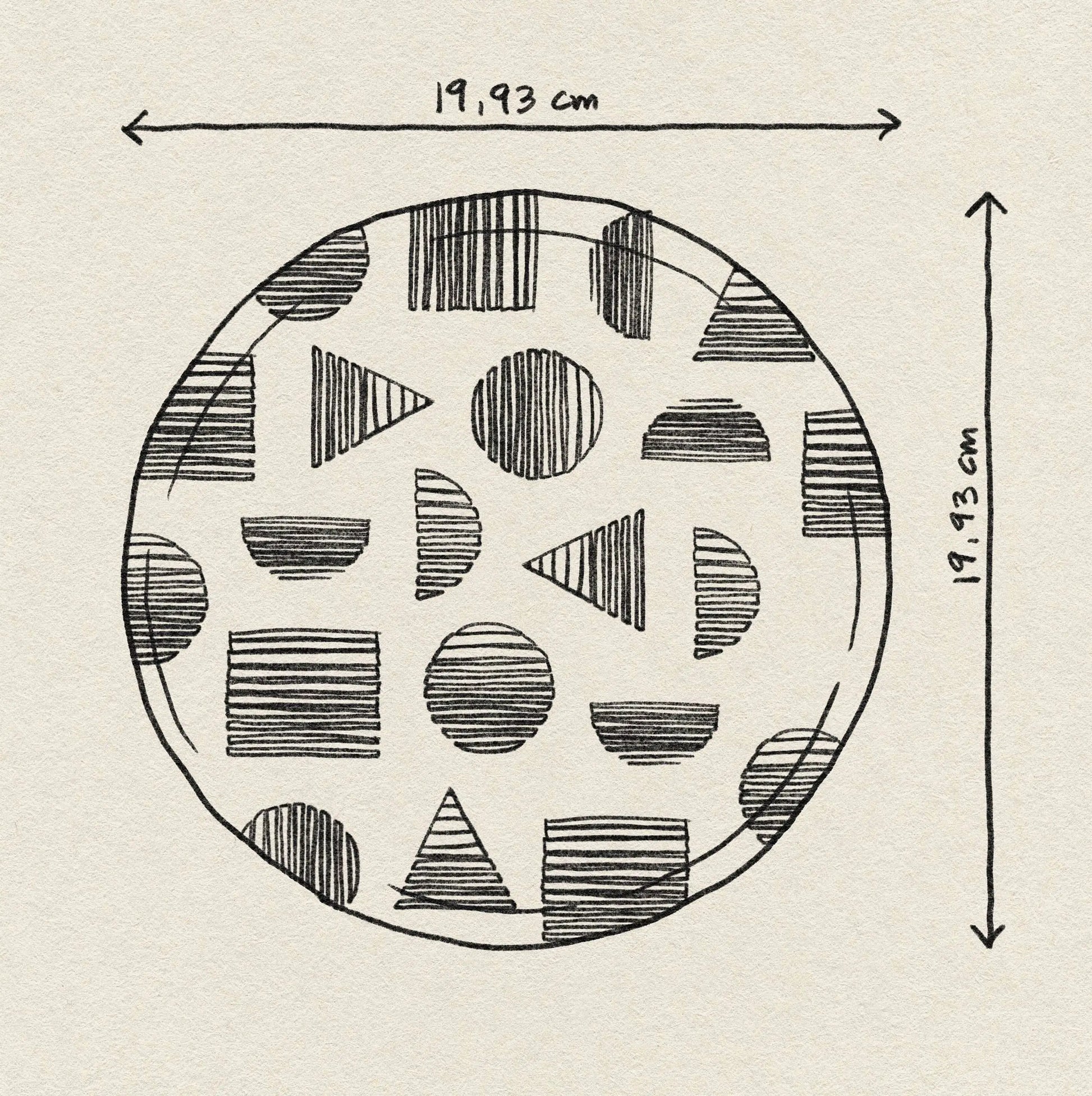 A hand-drawn circle, 19.93 cm in diameter, resembles the Poketo Bamboo Dinner Plate by Poketo. Inside are geometric shapes—triangles, circles, semicircles, rectangles—filled with parallel lines; its diameter is marked with double-headed arrows.