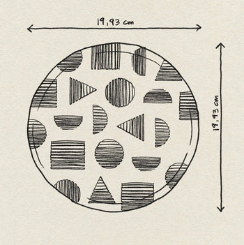 A hand-drawn circle, 19.93 cm in diameter, resembles the Poketo Bamboo Dinner Plate by Poketo. Inside are geometric shapes—triangles, circles, semicircles, rectangles—filled with parallel lines; its diameter is marked with double-headed arrows.