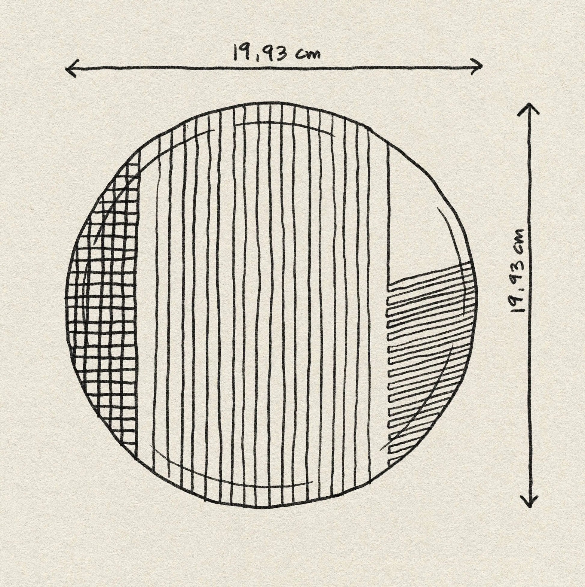 A hand-drawn 19.93 cm diameter circle with linear patterns and labeled arrows inspires eco-friendly tableware like the Poketo Bamboo Salad Plate by Poketo, sketched on textured paper.