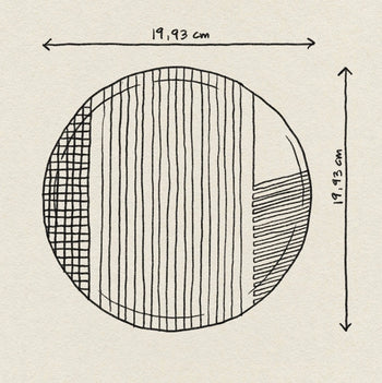 A hand-drawn 19.93 cm diameter circle with linear patterns and labeled arrows inspires eco-friendly tableware like the Poketo Bamboo Salad Plate by Poketo, sketched on textured paper.