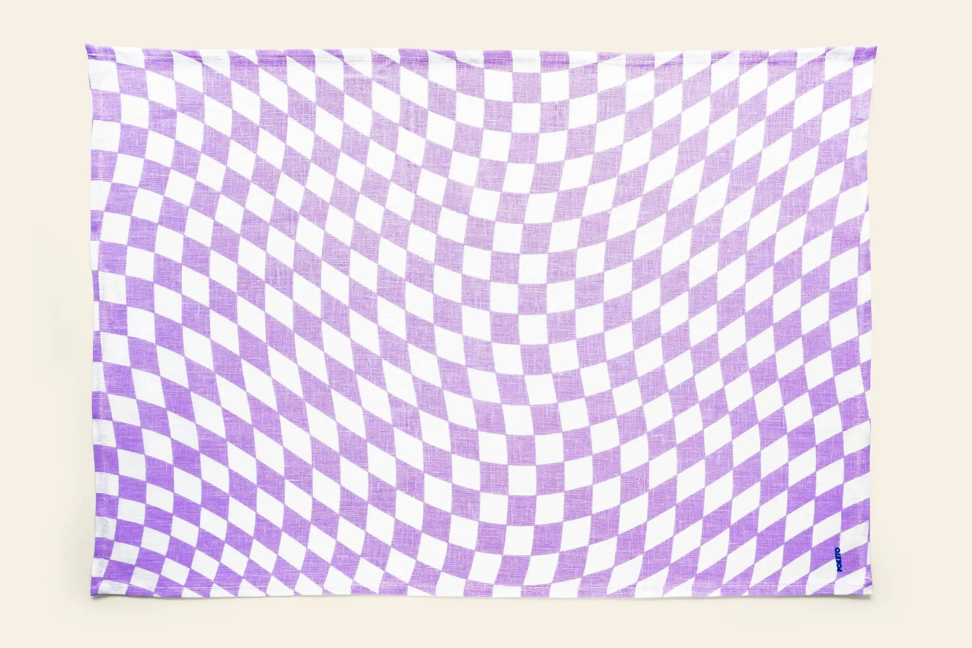 The Poketo Linen Tea Towel, Set of 2 by Poketo features a purple and white wavy checkerboard pattern that creates an optical illusion, making these linen towels a unique and colorful addition to your kitchen.