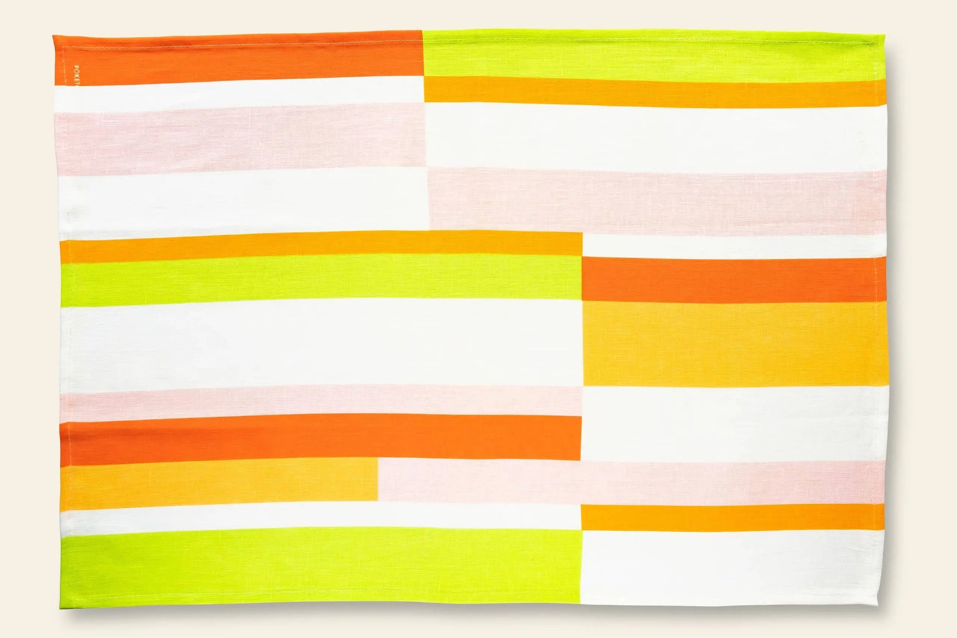 The Poketo Linen Tea Towel, Set of 2 by Poketo features geometric, asymmetrical horizontal stripes in orange, yellow, pink, and white—perfect for adding vibrant color to your tea towel collection.