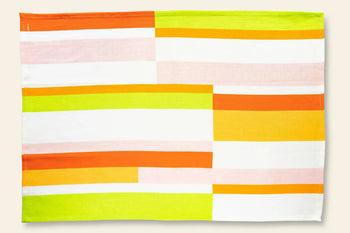 The Poketo Linen Tea Towel, Set of 2 by Poketo features geometric, asymmetrical horizontal stripes in orange, yellow, pink, and white—perfect for adding vibrant color to your tea towel collection.