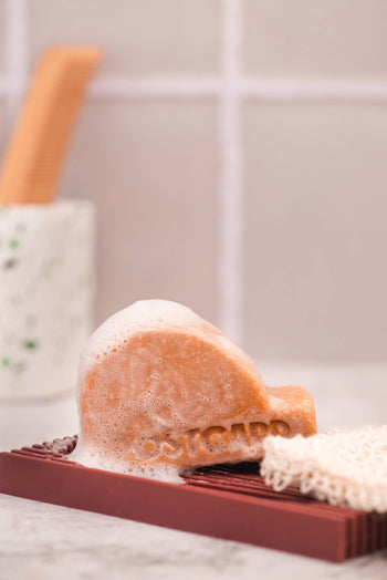 The Postcard Head-To-Toe Bar, 100g - Citrus Circus by Postcard is a foamy, sulfate-free cleansing bar shaped like a whale on a reddish-brown dish beside a textured cloth—an adorable, invigorating touch for your daily routine.