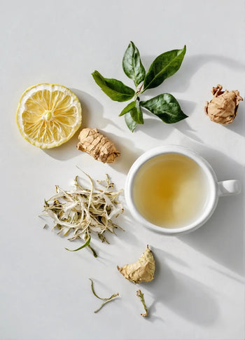 A white 10oz Reminds Me Of Grand Hotel Lobby candle by Reminds Me Of sits on a white surface, surrounded by a lemon slice, fresh green leaves, spicy ginger pieces, and dried white tea leaves.
