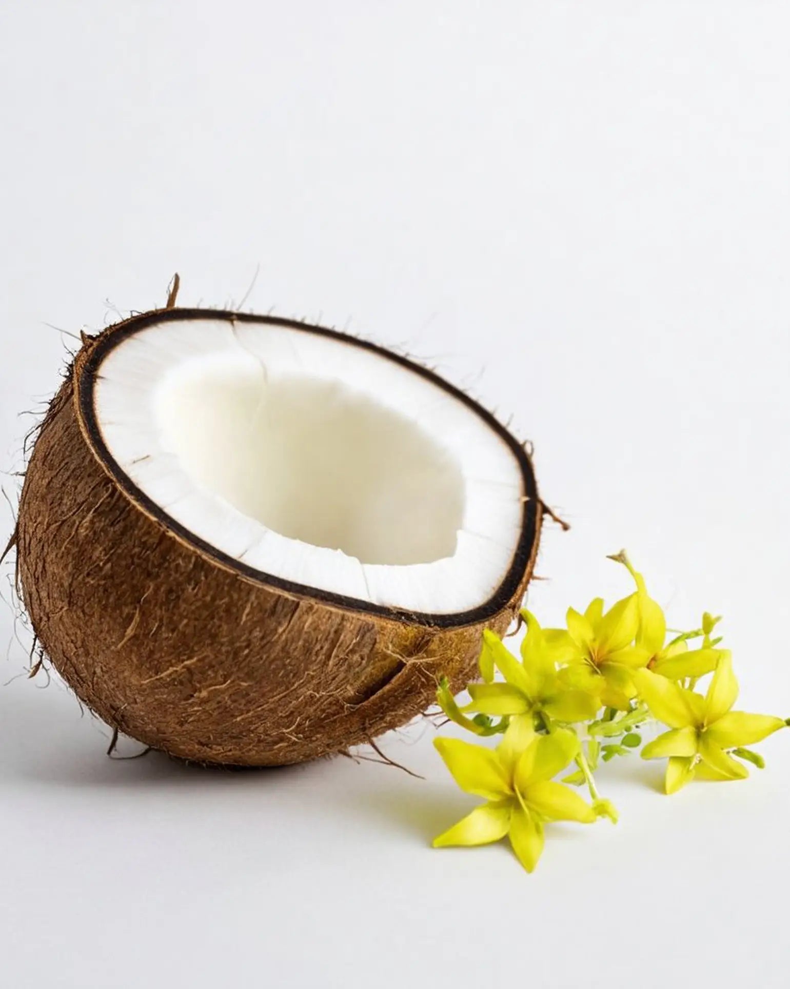 The Reminds Me Of Poolside Candle, 10oz by Reminds Me Of is set beside bright yellow flowers and half a coconut with white flesh, evoking the fresh, creamy scent of coconut milk on a crisp white background.