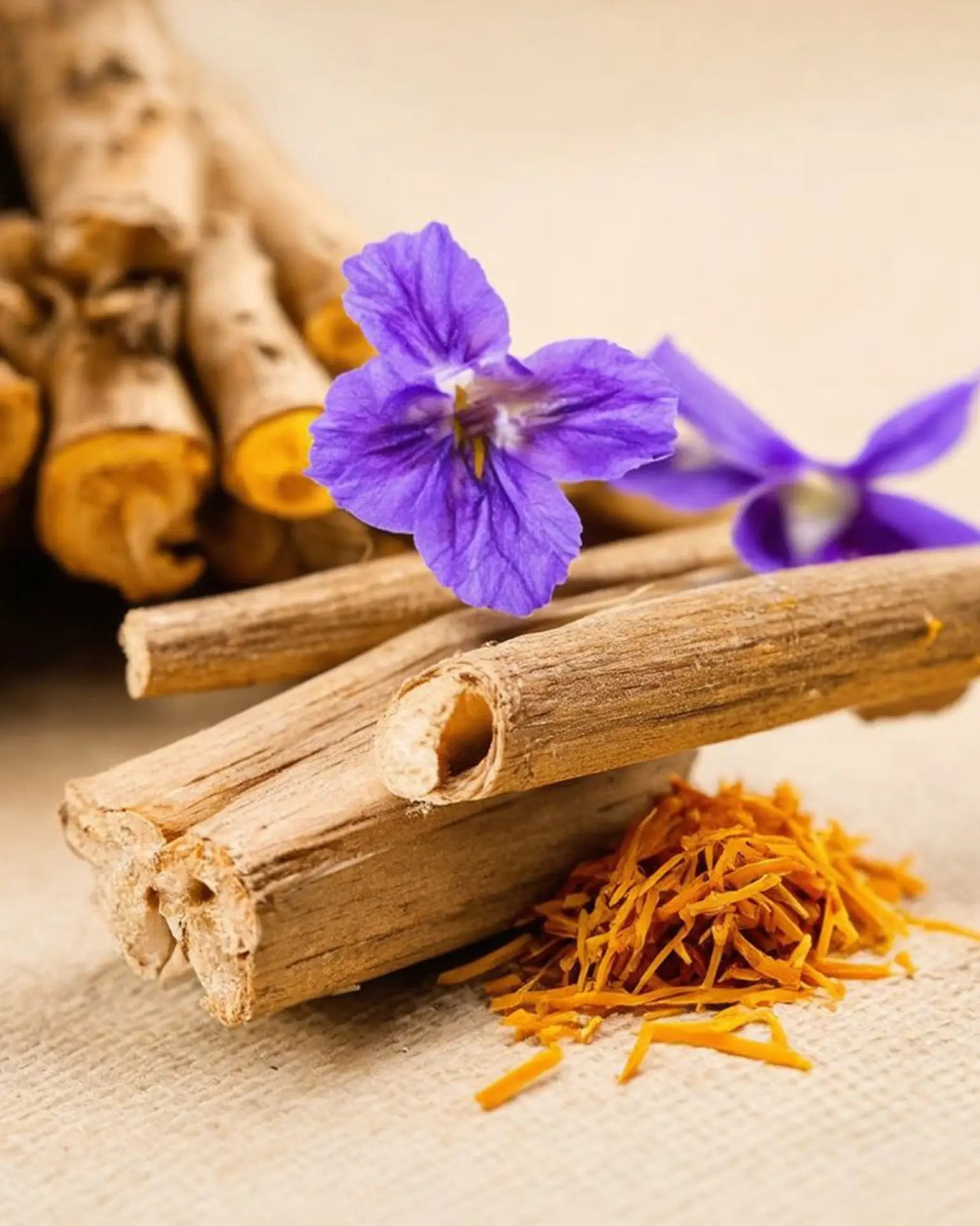 The Reminds Me Of Room Service Candle, 10oz by Reminds Me Of is displayed on a light surface with dried licorice roots, shredded root pieces, and two violet flowers arranged nearby.