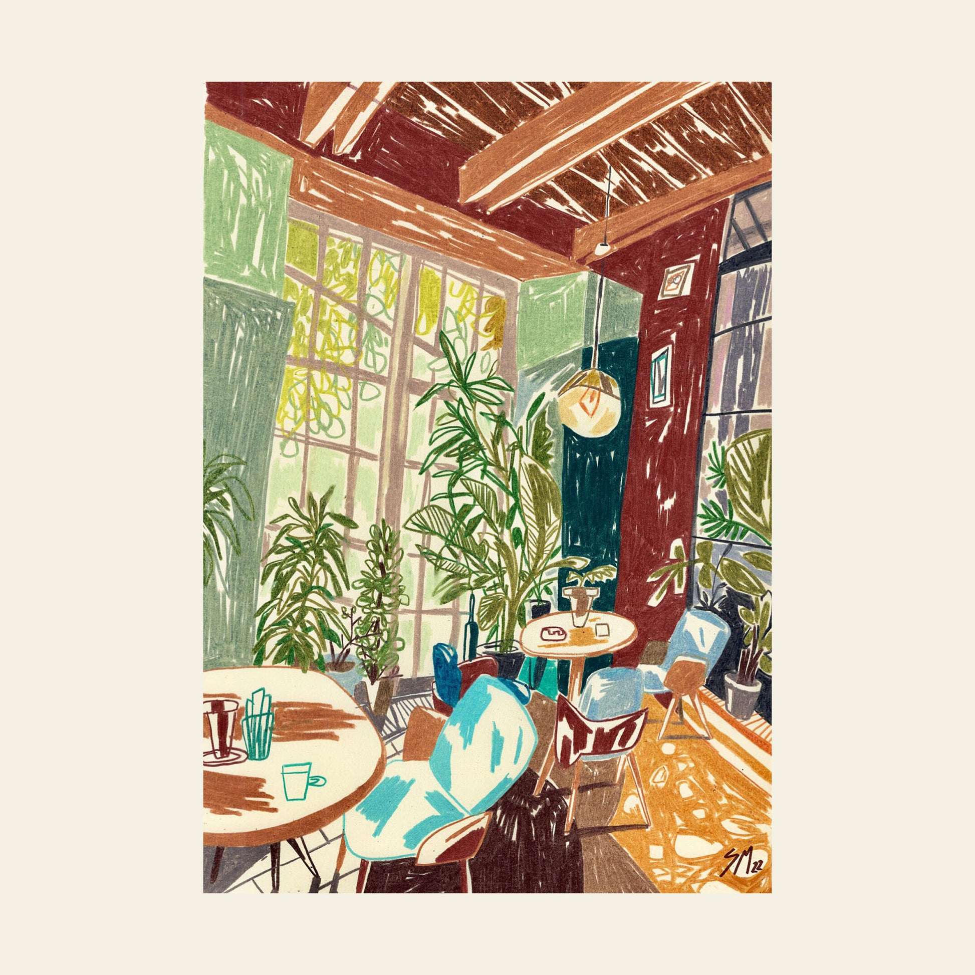 Autumn Triplets N.1 (Limited Edition Run) by Sarah Mari Shaboyan features a cozy café scene with wooden beams, big windows, green plants, and colorful chairs in warm autumn light, offered with a Certificate of Authenticity.