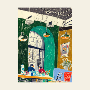 Colorful print by Sarah Mari Shaboyan titled Cozy Interior at Eat & Fit Caffe, Yerevan, Armenia depicts a couple enjoying breakfast in a café with arched windows, green and brown décor, hanging lights, and a potted plant.