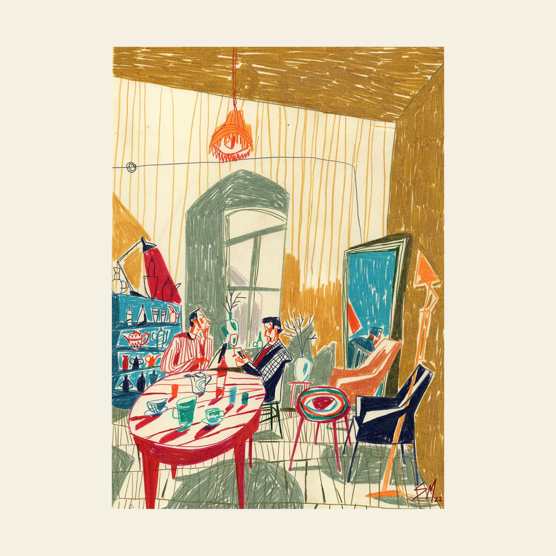 Evening at Mirzoyan Librarys Caffe, Print by Sarah Mari Shaboyan depicts two people sharing tea at a dining table in a cozy, sunlit room with colorful chairs, eclectic decor, plants, and a bookshelf.