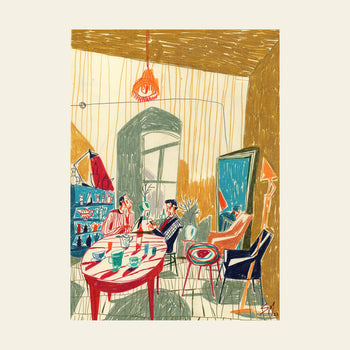 Evening at Mirzoyan Librarys Caffe, Print by Sarah Mari Shaboyan depicts two people sharing tea at a dining table in a cozy, sunlit room with colorful chairs, eclectic decor, plants, and a bookshelf.
