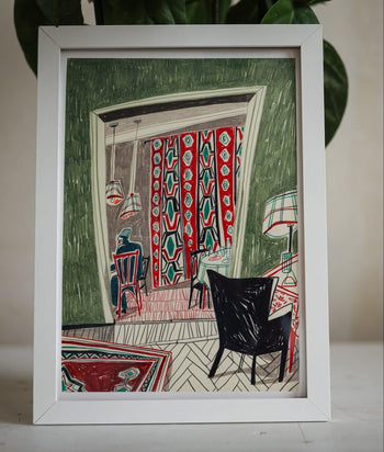 The Traditional Armenian Interior with Carpet print by Sarah Mari Shaboyan features a vibrant room with patterned red and green curtains, a carpet, chairs, a table with a checkered lamp, green walls, and is displayed in front of a leafy plant.