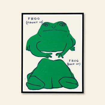 The Shrig Shop David Shrigley - Frog (Front Of), Frog (Back Of) (60x80) features framed illustrations of a green frog from the front and back, perfect as a unique large-format poster for fans of Shrig Shop.