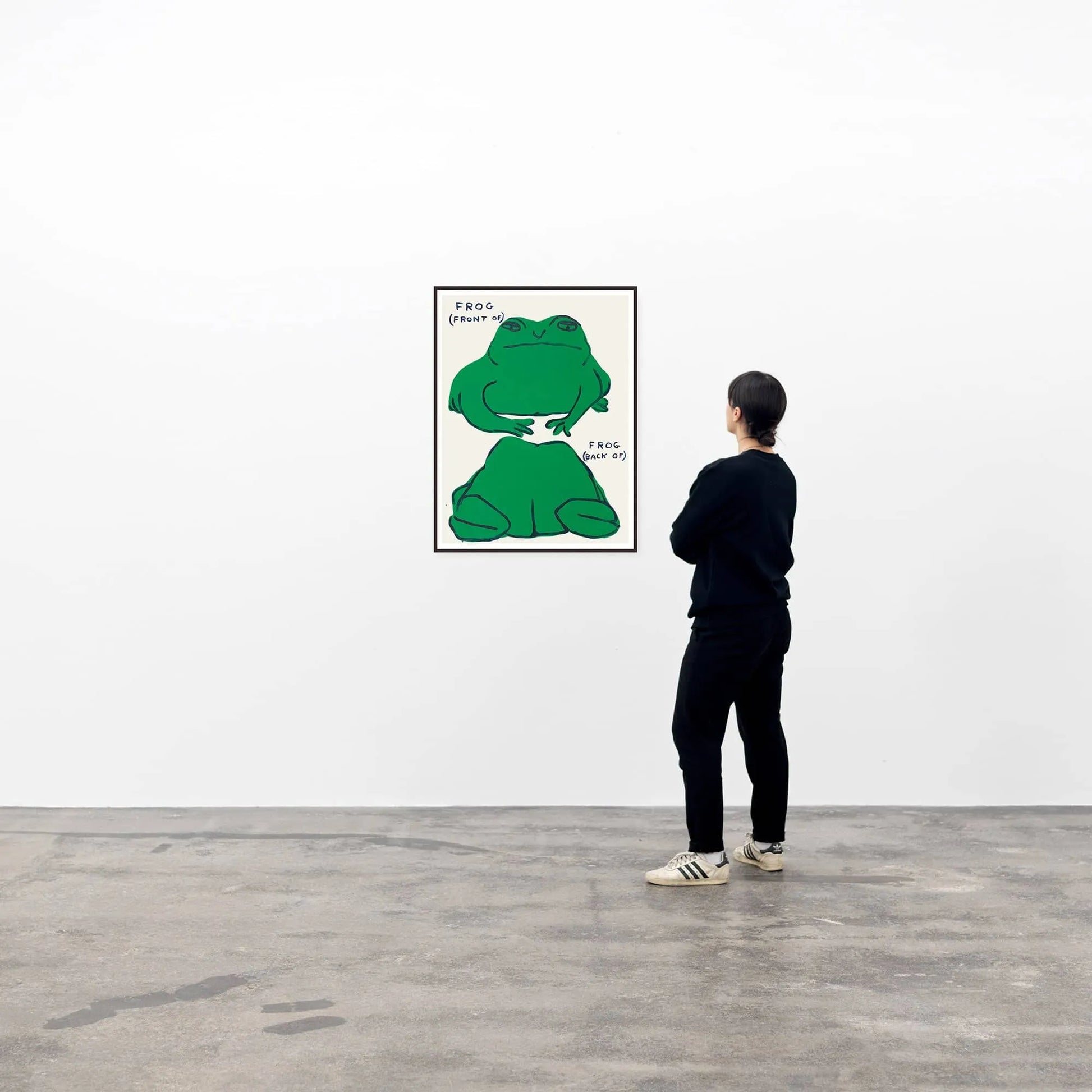In a gallery, someone admires the Shrig Shop David Shrigley - Frog (Front Of), Frog (Back Of) (60x80) artwork—a large, framed cartoon green frog with FROG above it—displayed on a white wall.