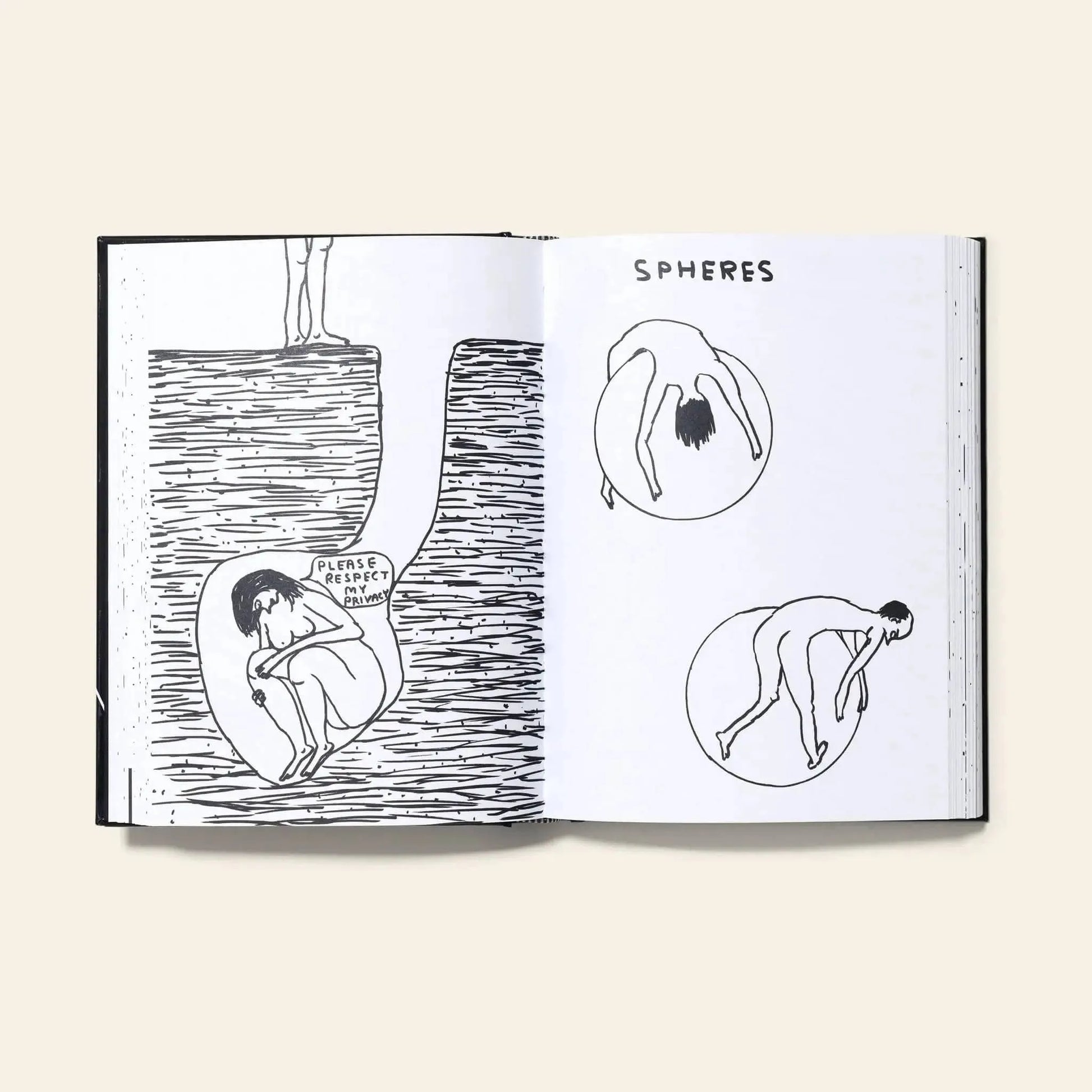 A limited edition Shrig Shop I Am The Jug You Are The Glass black and white drawing shows a person at a cliff’s edge, another in a hole with a Please, I am a sphere sign, and two figures in circles labeled SPHERES.