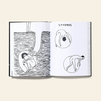 A limited edition Shrig Shop I Am The Jug You Are The Glass black and white drawing shows a person at a cliff’s edge, another in a hole with a Please, I am a sphere sign, and two figures in circles labeled SPHERES.