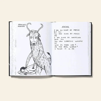 An open book displays a black and white drawing of a goat over a person, with playful text questioning if maths or whistling is more useful. From Shrig Shop’s limited edition: David Shrigley - I Am The Jug You Are The Glass.