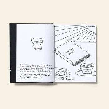 Explore the quirky limited edition I Am The Jug You Are The Glass by Shrig Shop—an open David Shrigley book with black and white drawings of a glass, an AWFUL BOOK, HORRIBLE TEA cup, STALE BISCUIT biscuit, and SUNSHINE.
