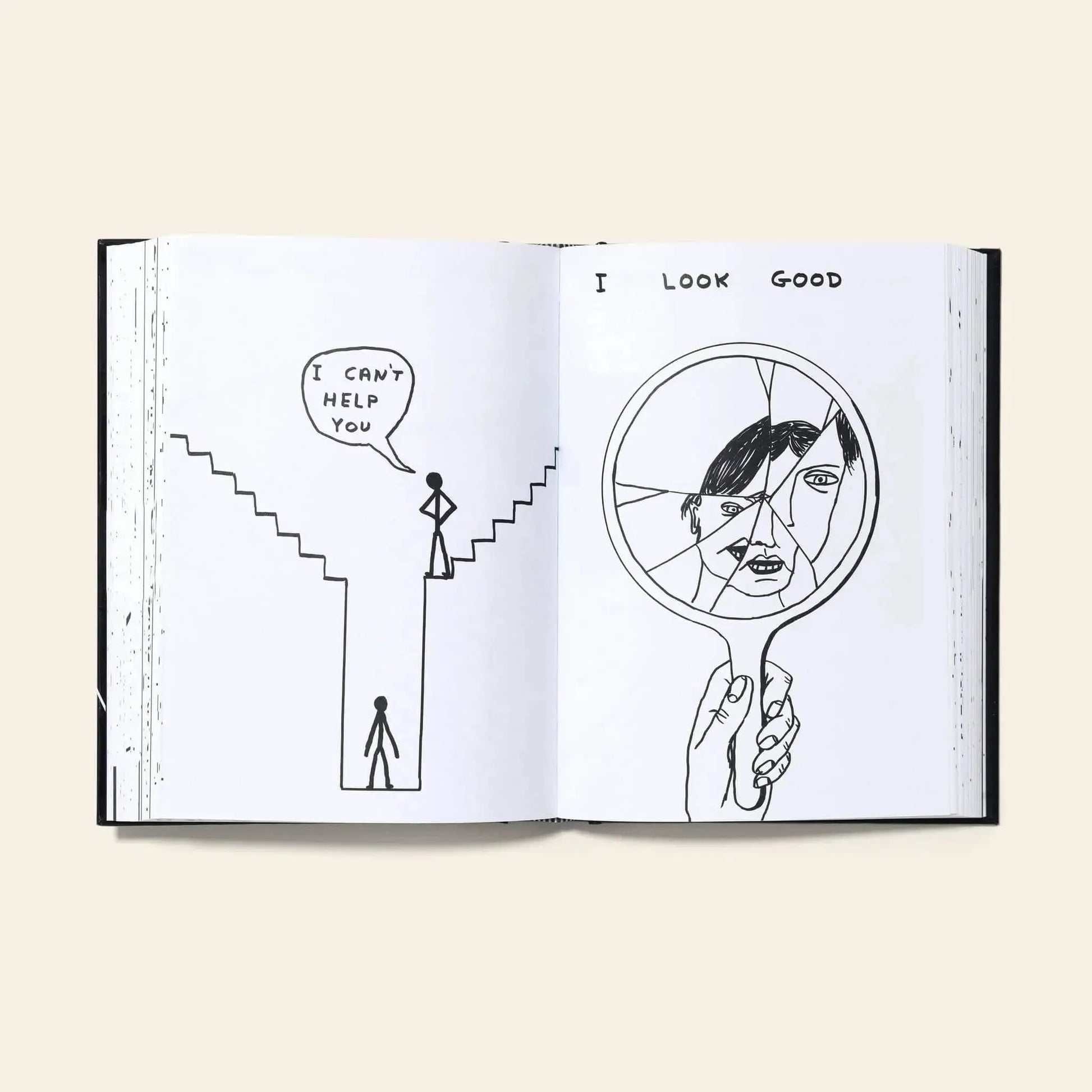 The Shrig Shop David Shrigley - I Am The Jug You Are The Glass book features signature black-and-white illustrations, such as a figure atop stairs saying I can’t help you and a face in a broken mirror with the words I look good.