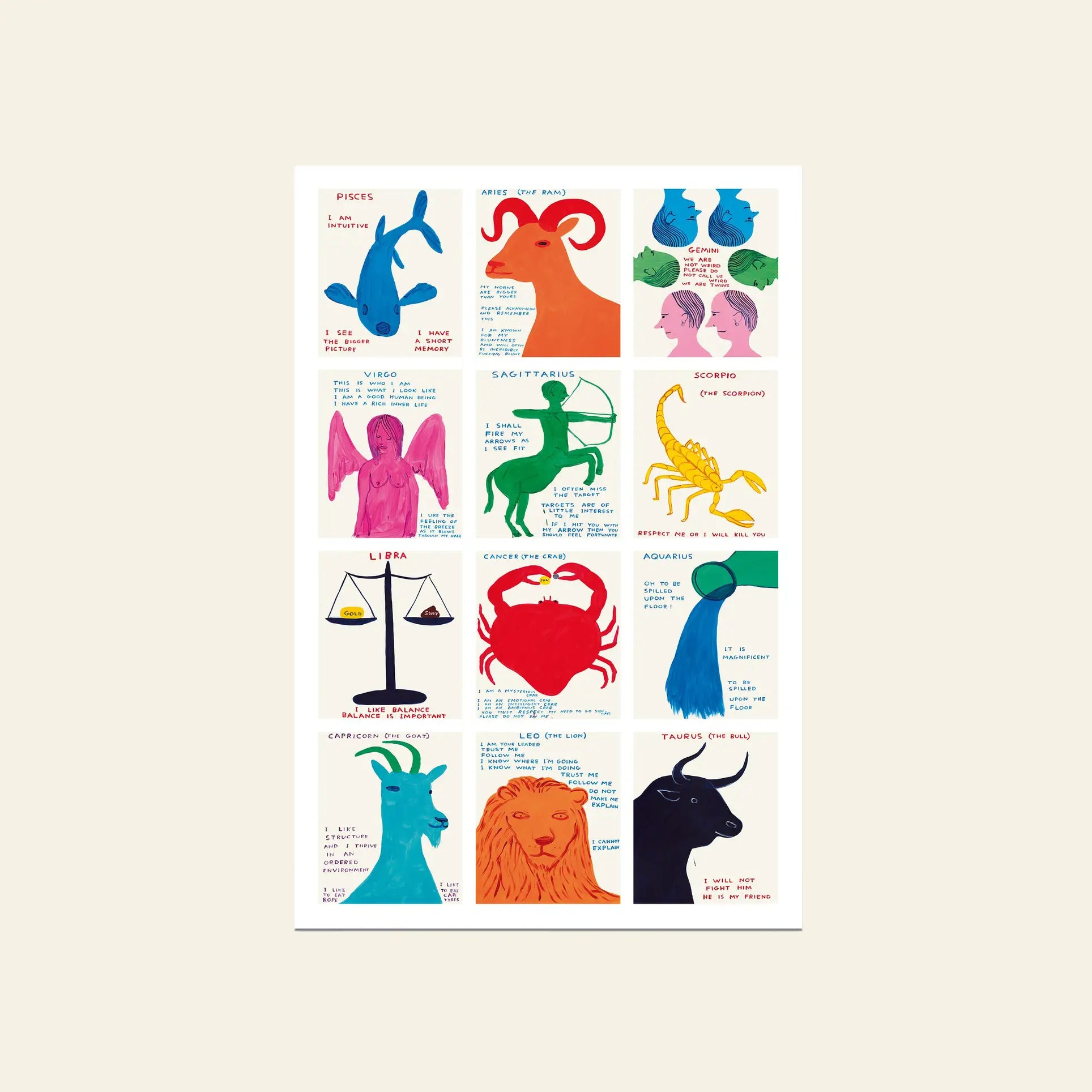 The Shrig Shop David Shrigley - Signs Of The Zodiac (61x91.5) poster by Shrig Shop features colorful drawings of all twelve zodiac signs, each with symbols and descriptions in Spanish and English, on a white background with a beige border.