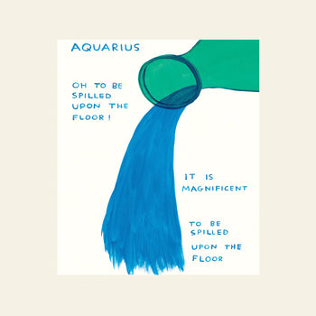 A quirky zodiac poster from Shrig Shop, “David Shrigley - Signs Of The Zodiac (61x91.5),” featuring a green jug pouring blue water with the playful text: “Aquarius. Oh to be spilled upon the floor! It is magnificent to be spilled upon the floor.”.