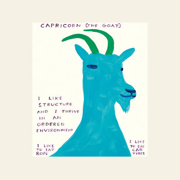 A blue goat with green horns in a David Shrigley style, labeled Capricorn, is featured on the Shrig Shop David Shrigley - Signs Of The Zodiac (61x91.5) poster. Text: I like structure and thrive in order. I like to eat rope and car tyres—signs are weird.