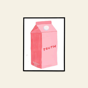A framed Shrig Shop David Shrigley - Truth (60x80) illustration features a pink milk carton labeled TRUTH on a light beige background—ideal for fans of unique art and David Shrigley posters.