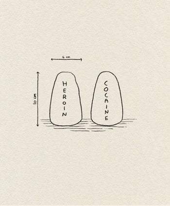 A quirky David Shrigley-style drawing of Shrig Shop Heroin and Cocaine Porcelain Shakers (10 cm tall, 6 cm wide) on a plain background, resembling labeled salt and pepper shakers with measurement arrows.