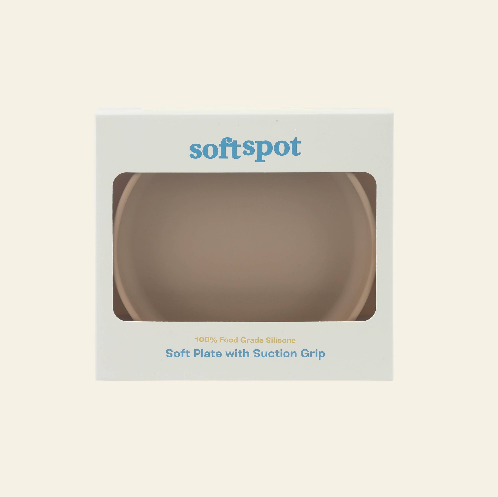 A beige Soft Spot Soft Suction Plate in partially transparent packaging labeled Soft Spot is shown. The box highlights a strong suction grip and reads 100% food-grade silicone and Soft Suction Plate in blue text.