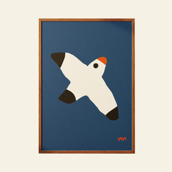 The Stacked Store Exclusive Bernard de Blur Poster (30x40) features a minimalist white bird with black wing tips and tail, an orange beak, and a red squiggle on a dark blue background. Framed in brown wood. Brand: Stacked Store.